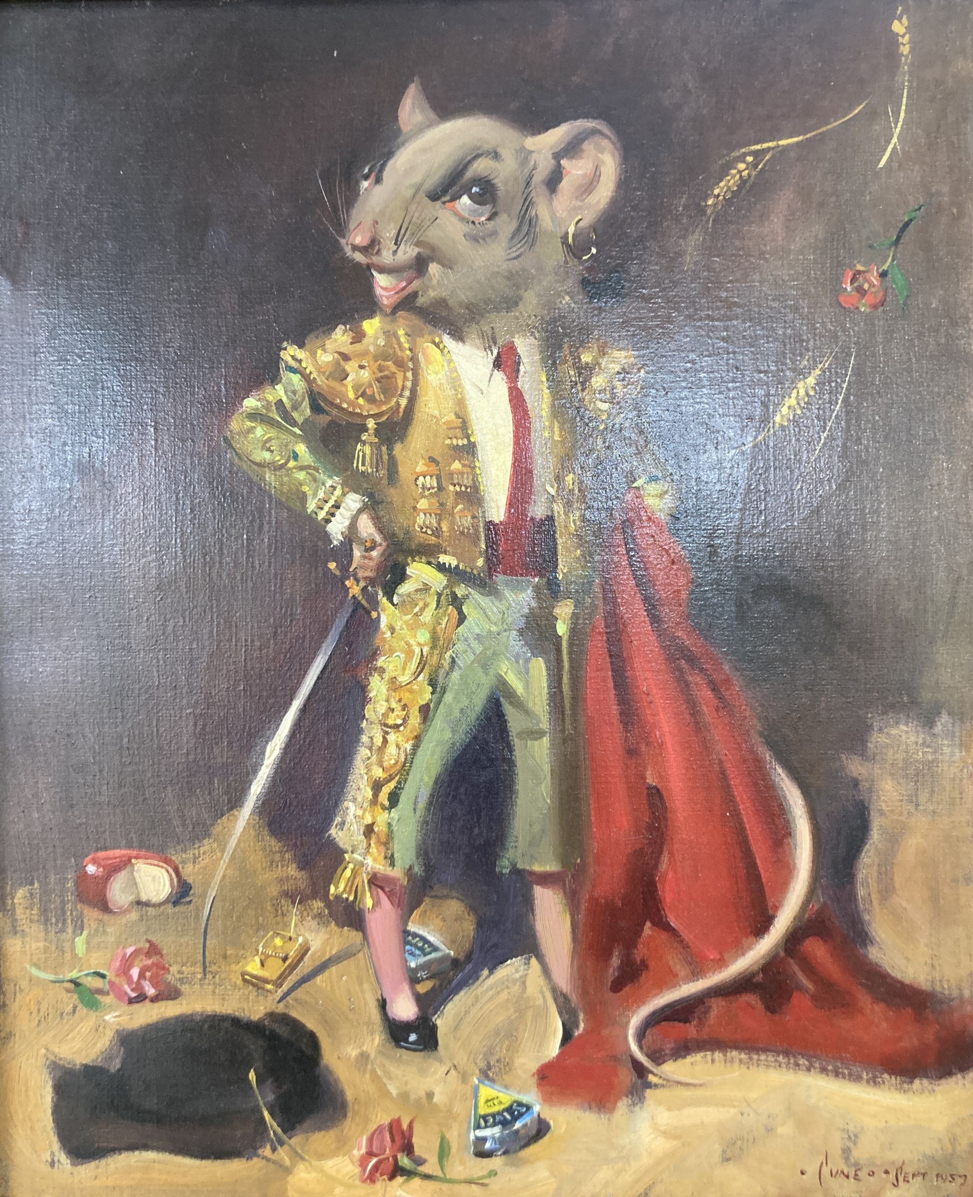 § Terence Cuneo (1907-1996), oil on canvas, Bullfighter mouse, signed and dated Sept.1957, 29 x 24cm